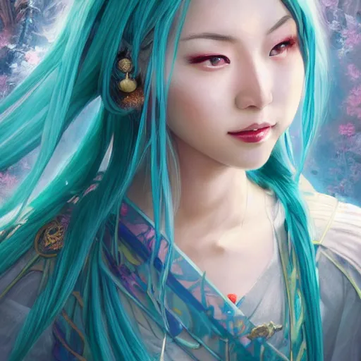 Image similar to a beautiful portrait of hatsune miku with teal colored hair with deep red highlights as an ancient chinese sorceress, space fantasy, in the style of magic the gathering, intricate, elegant, highly detailed, digital painting, artstation, concept art, matte, sharp focus, illustration, art by greg rutkowski and alphonse mucha