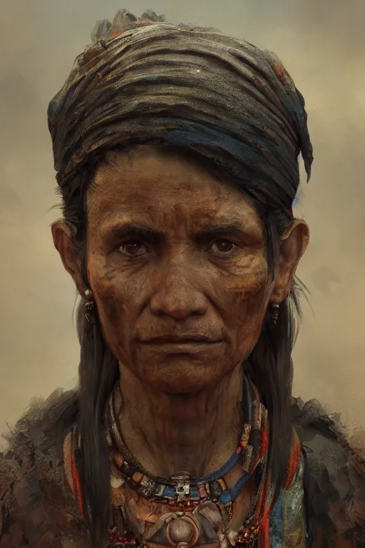 Image similar to aztec citizen, close - up portrait, poor, intricate, elegant, volumetric lighting, scenery, digital painting, highly detailed, artstation, sharp focus, illustration, concept art, ruan jia, steve mccurry