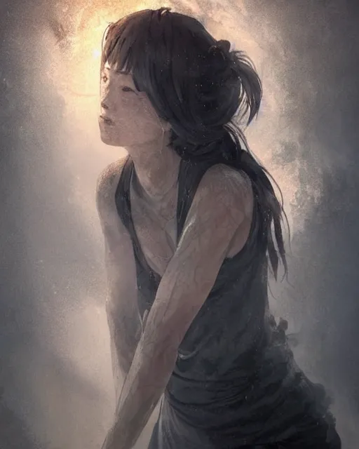 Image similar to a woman covered in black dust in a dark coal mine, sweaty and gross pioneer work, atmospheric lighting, detailed body and face, by makoto shinkai, stanley artgerm lau, wlop, rossdraws