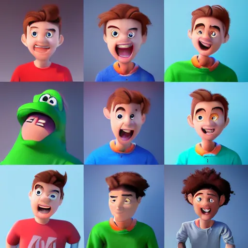 Image similar to One image consisting of ten images of different human emotions. This is a new cartoon character of a boy in the mix of disney and pixar style 8k, insane details, ultrarealistic, octane render