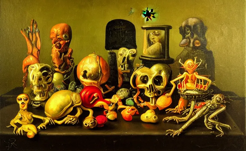 Image similar to disturbing colorful oil painting dutch golden age vanitas still life with bizarre humanoid faces strange objects shiney gooey surfaces shiny metal bizarre insects rachel ruysch dali todd schorr very detailed perfect composition rule of thirds masterpiece canon 5 0 mm, cinematic lighting, photography, retro, film, kodachrome