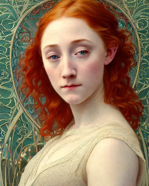 Image similar to intricate art nouveau oil painting of redheaded young saoirse ronan or redheaded millie bobby brown wearing an intricate lace dress, highly detailed, intricate, elegant, digital painting, smooth, sharp focus, illustration, ultra realistic, 8 k, by bouguereau, alphonse mucha, artgerm, and donato giancola