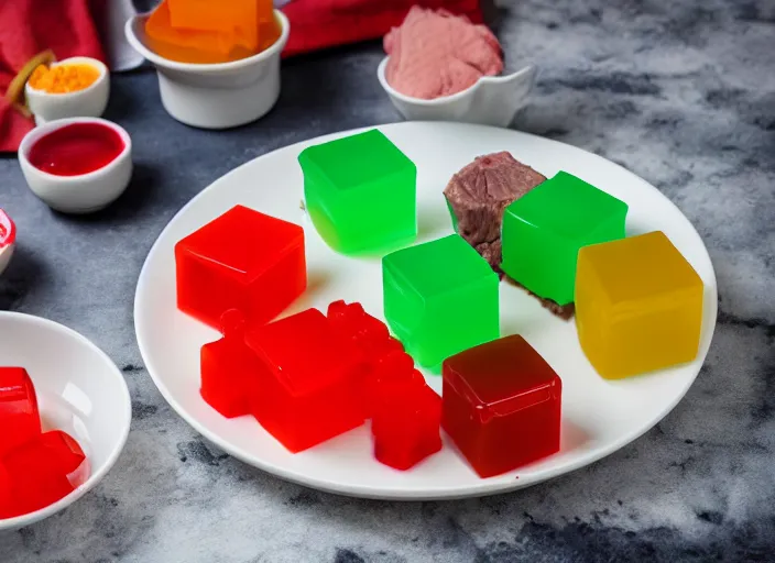 Prompt: dslr food photo still of jello mold with cubes of beef in it, 8 k, 8 5 mm, f 1. 8