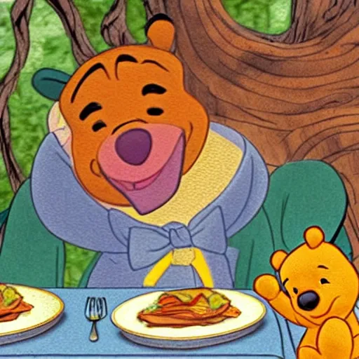 Image similar to Winnie the Pooh invites Tiger and Piglet to dine in a very fancy restaurant.