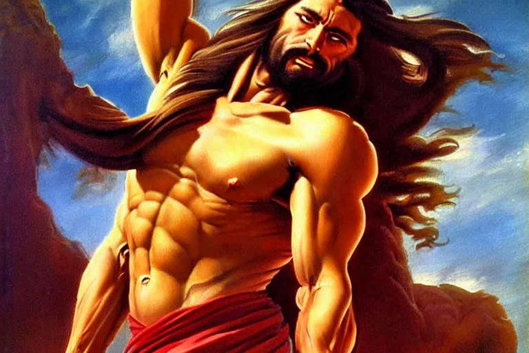 Prompt: jesus christ, a muscular long haired man in a toga. 1 9 8 0 s oil painting in the style of frank frazetta, boris vallejo. warm colors. detailed and hyperrealistic. concept art