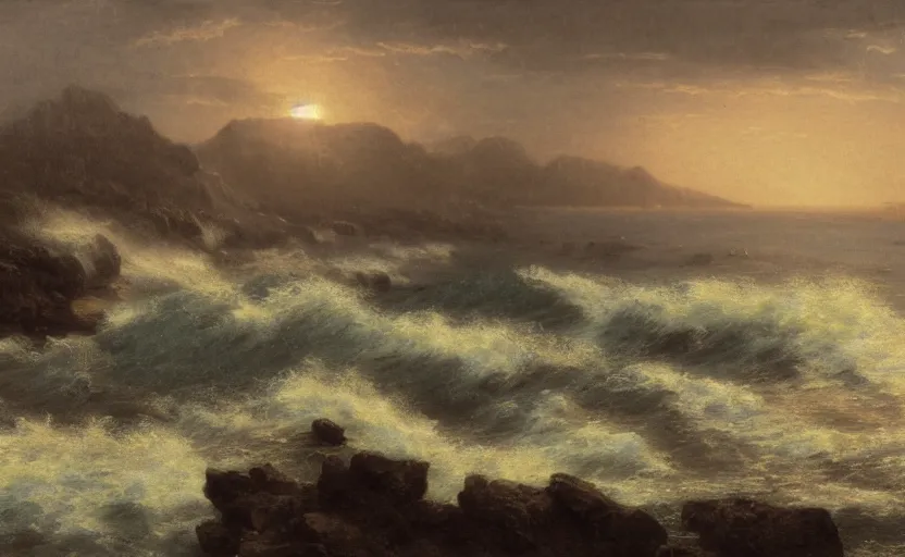 Prompt: view of the ocean, large waves, nearby beach, close up shot, rocky, at dusk, distant mountains, 4k, rule of thirds, extreme detail, hazy, intricate ink illustration, surreal, surrealist, trending on artstation, cgsociety, hd, calm, complimentary colours, realistic lighting, by Albert Bierstadt, Frederic Edwin Church.