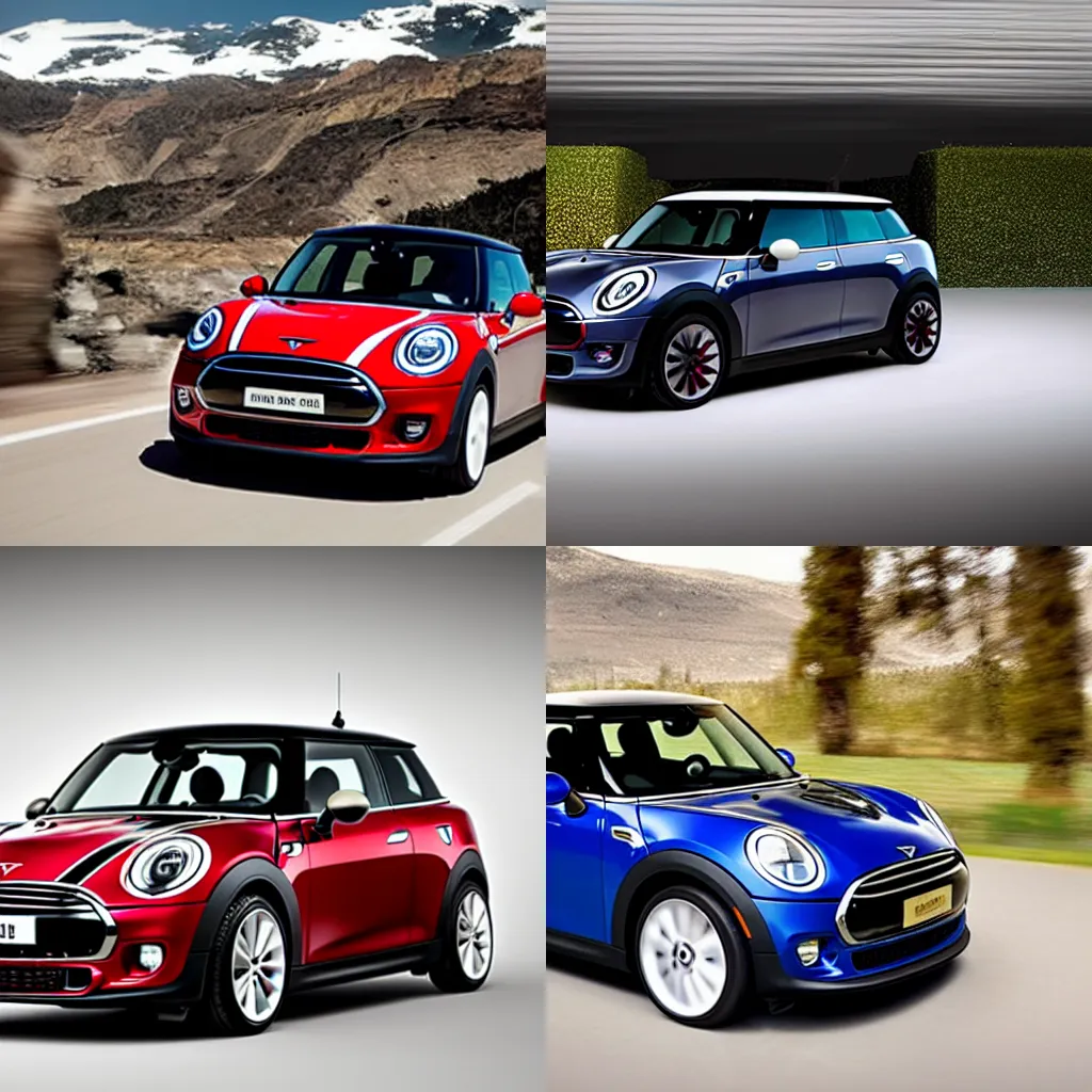 Prompt: A Mini Cooper designed and produced by Tesla, promotional photo