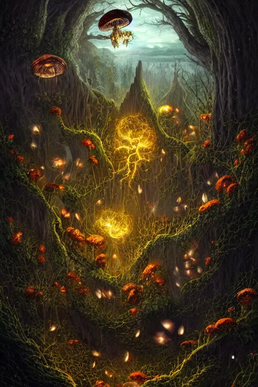 Image similar to a beautiful digital illustration painting of a detailed gothic fantasy fireflies and roots, dark mushroom, flowers ruins beautiful dragon by benoit b. mandelbrot, steven belledin, martin johnson heade, lee madgwick, caspar david friedrich, and david rios ferreira. 8 k resolution trending on artstation concept art digital illustration