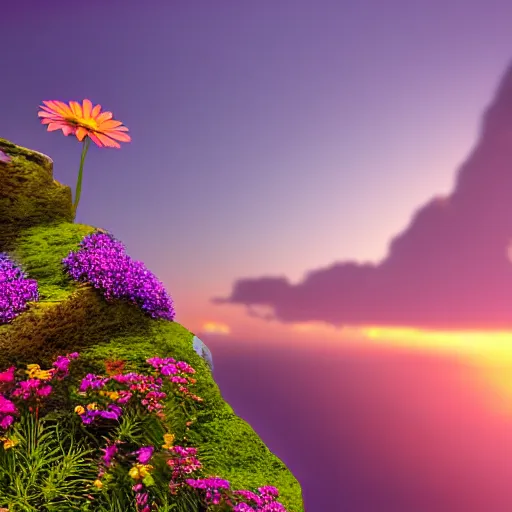 Image similar to flower on the edge of a cliff, cliff edge, colorful flower, sunset, beautiful colors, color palette, concept art, high detail, dramatic angle