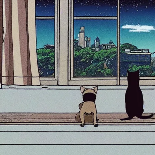 Image similar to a black cat and pug dog who are in love and hold hands while looking out over a city, Miyazaki, studio ghibli