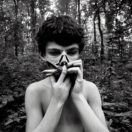 Image similar to teenage boy with skull mask, smoke around him, forest, by sally mann