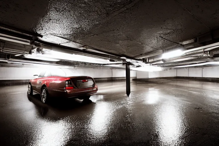 Image similar to views of underground car garage, new york downtown covered with rain, dark lighting, photo real, highly detailed