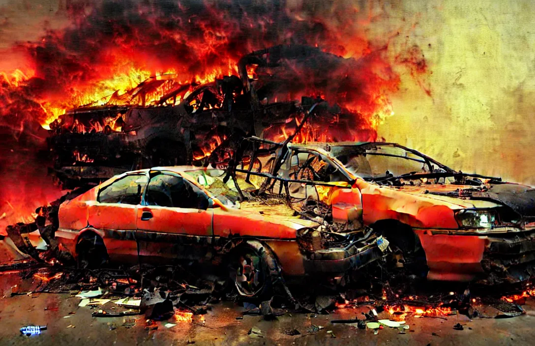 Prompt: abandoned honda civic on fire, detailed painting, epic lighting, by ilya repin, phil hale and kent williams