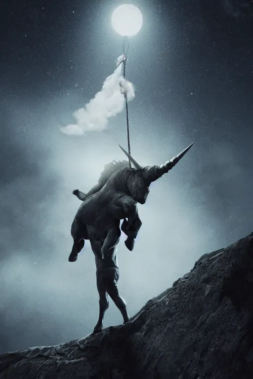Image similar to sad Suicidal depressed unicorn man hangs himself from the moon, dramatic lighting, cinematic, establishing shot, extremely high detail, foto realistic, cinematic lighting, post processed, concept art, high details, cinematic, 8k resolution, beautiful detailed, photorealistic, digital painting, artstation, concept art, smooth, sharp focus, artstation trending, octane render, unreal engine