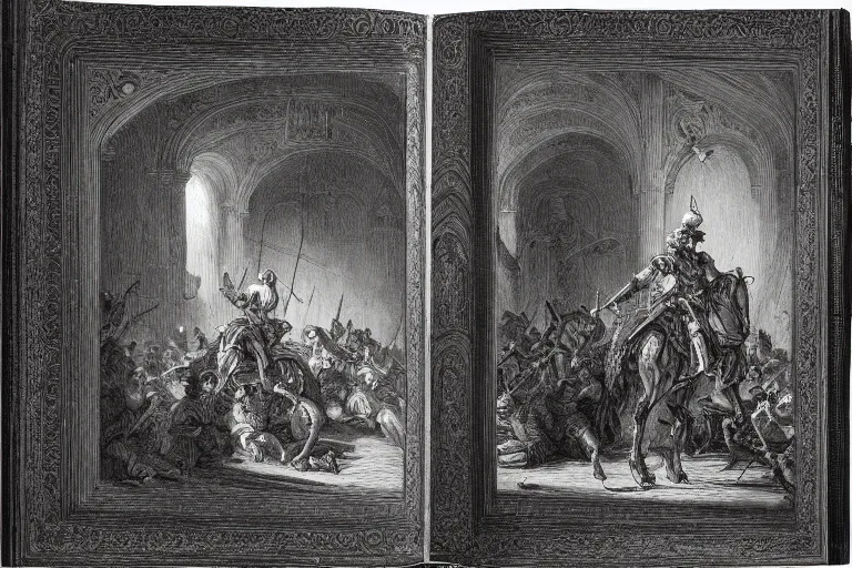 Image similar to highly detailed portrait of big open book, open book page, don quixote left the book, symmetrical, masterpiece, highly detailed painting by gustave dore