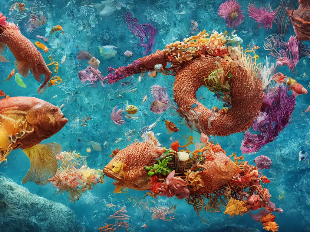 Prompt: a sculpture of fish ocean intertwined, a lovely cornucopia of flowers and human body parts, body parts, highly detailed, octane render, cinematic, shock, sharp focus, cycle