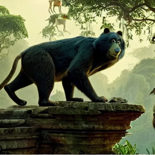 Prompt: jungle book. mowgli and balu. movie still frame.