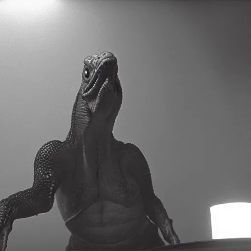 Image similar to movie scene of a man in front of a draconian humanoid, reptil, reptilian, movie still, cinematic composition, cinematic light, criterion collection, reimagined by industrial light and magic, Movie by David Lynch and Ridley Scott