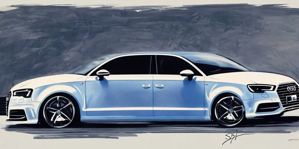 Image similar to stylish artwork of car Audi S3 2017, created by Syd Mead