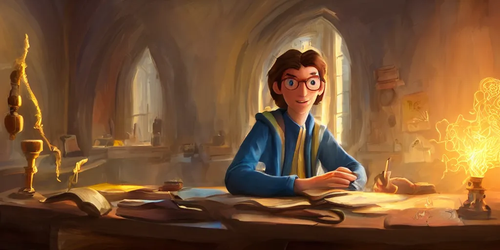 Image similar to a young caucasian male mage they are in a alchemy workshop working at there desk. coherent face, coherent hands, colorful, light rays, medium shot, waist up, sharp focus, bloom, dramatic lighting, very detailed, scene from pixar and dreamworks