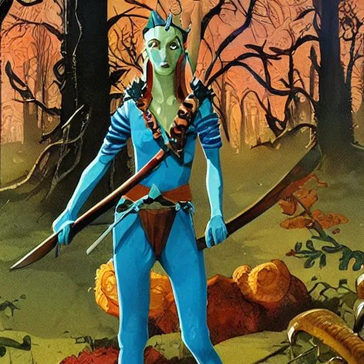 Image similar to moonshine cybin, epic level dnd wood elf spore druidess, wielding a magical sword, wearing magical overalls. covered in various fungi. full character concept art, realistic, high detail digital gouache painting by angus mcbride and michael whelan and jeffrey jones