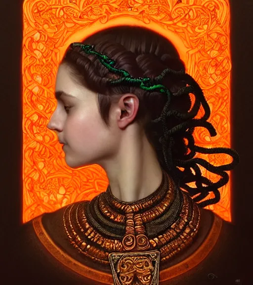 Image similar to portrait of teenage medusa, bald, raised eyebrow, wicked smile, black snakes cover her head, wearing an embroidered orange tunic, intricate, elegant, copper and emerald jewelry, glowing lights, highly detailed, digital painting, artstation, concept art, smooth, sharp focus, illustration, art by wlop, mucha, artgerm, and greg rutkowski