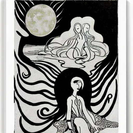 Image similar to blazing sun, water flowing moon byaubrey beardsley