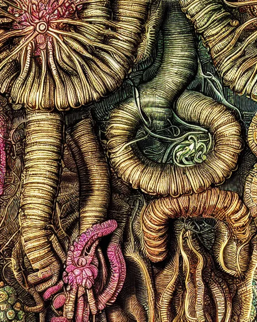 Image similar to Escherichia coli, close up details, drawn by Ernst Haeckel, colorful