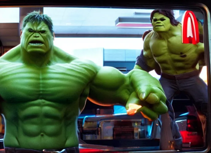 Image similar to film still of hulk working at mcdonalds drive through in the new avengers movie, 4 k