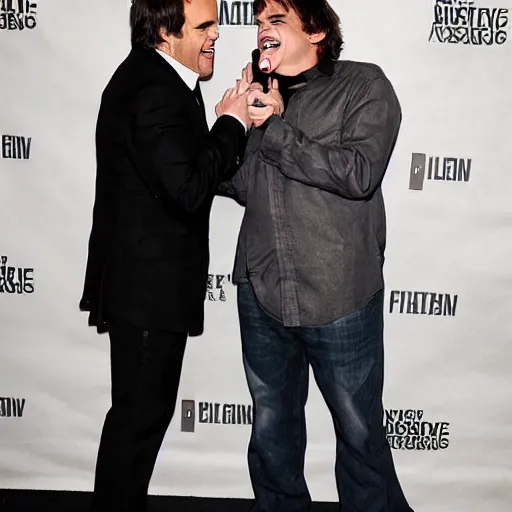 Prompt: jack black and ben stiller, laughing, candid