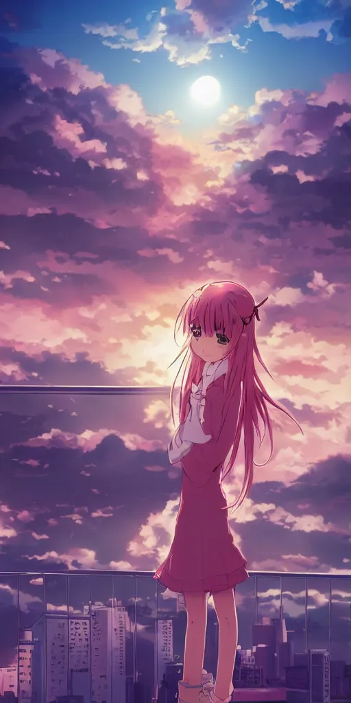 Image similar to anime art, anime key visual of a cute elegant anime girl with pink hair and big eyes, city rooftop at sunset with clouds, golden hour sunset, background blur bokeh!, beautiful lighting, high quality illustration, studio ghibli