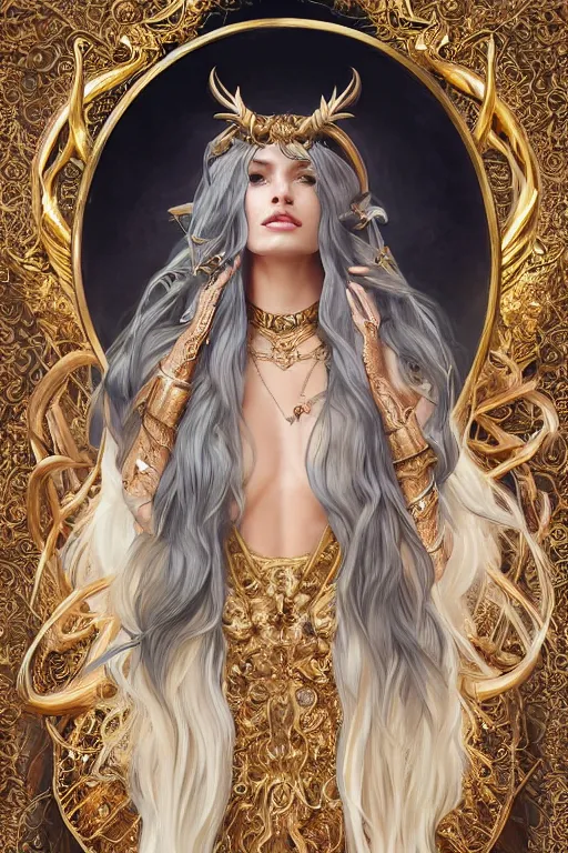 Image similar to fullbody!! of a beautiful woman with long white hair, big natural horns on her head, long flowing intricate dress, gold jewellery, dnd, face, fantasy, intricate, elegant, highly detailed, digital painting, artstation, concept art, smooth, sharp focus, illustration, art by artgerm and greg rutkowski and alphonse mucha