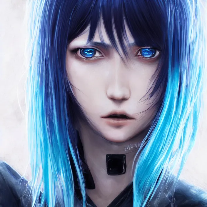 Image similar to full face shot of rimuru tempest, sky blue straight hair, long bangs, with amber eyes, wearing a black jacket, high collar, ultra detailed, concept art, award winning photography, digital painting, cinematic, wlop artstation, closeup, pixiv, evil, yoshitaka amano, andy warhol, ilya kuvshinov,