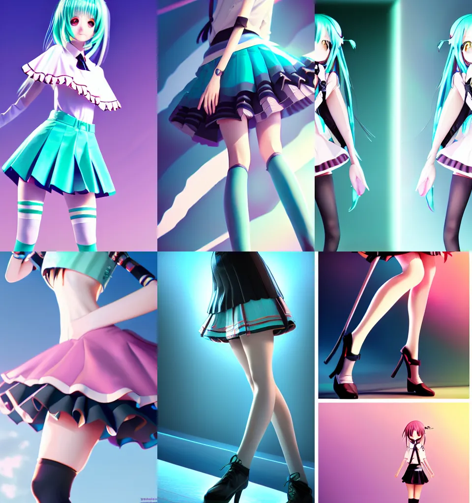 Prompt: Hatsune Miku skirt and thigh-highs, bottom shot, artstation, fine details, kyoani, high resolution, 4k, digital painting by WLOP, octane render, photorealistic, composition, ultra realistic