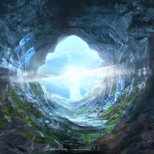 Image similar to Multiverse portal in a mountain, digital art, realistic, high definition, detailed, artstation, concept art