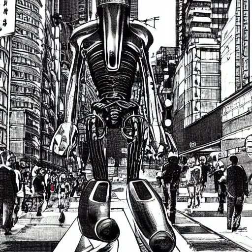 Image similar to moebius, mechanical inhuman monsters walking the streets of shinjuku,
