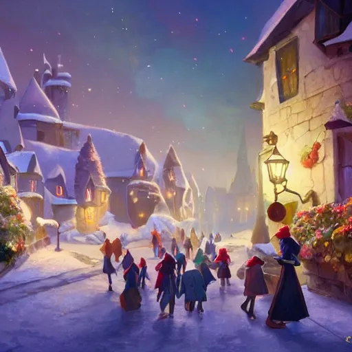 Image similar to a wholesome animation key shot of hogsmeade, colorful, pixar and disney animation, sharp, very detailed, high resolution, key art by greg rutkowski, bloom, dramatic lighting