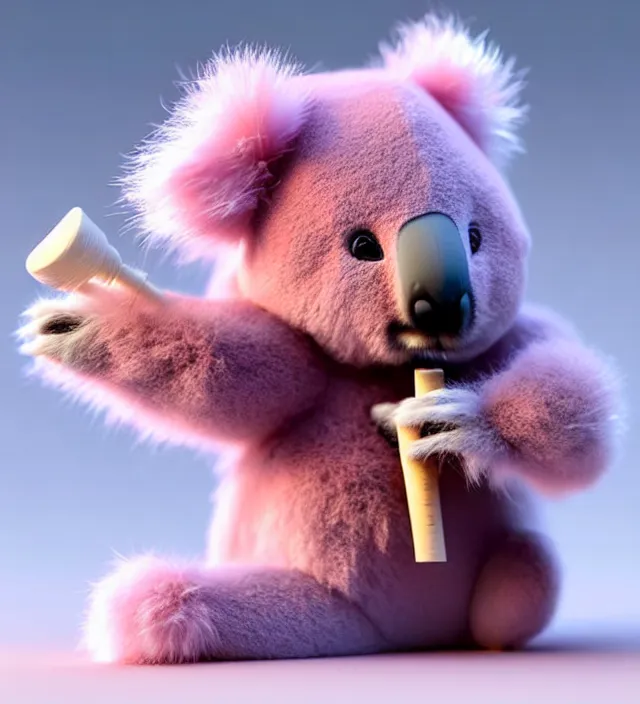 Image similar to high quality 3 d render hyperrealistic very cute small pink koala smoking weed joint, smoke rising from the joint, plush mascot, short spiky dense fluffy smooth hair, photo from the side, pink fluffy fur, 1 5 0 mm, beautiful natural soft light, rim light, smooth background, artstation, ultra detailed, elegant, ultra detailed, metallic armor, octane render