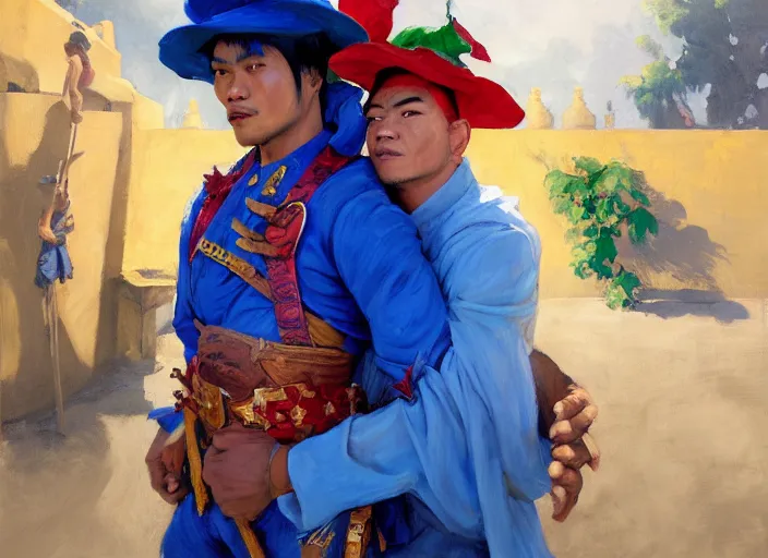 Image similar to greg manchess portrait of a filipino fighter wearing a jester hat victorious holding a man in a blue suit over his head, organic painting, sunny day, matte painting, bold shapes, hard edges, street art, trending on artstation, by huang guangjian, gil elvgren, ruan jia, randy vargas, greg rutkowski