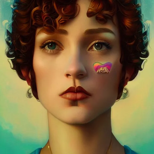 Image similar to Lofi vaporwave portrait beautiful woman with short brown curly hair, romanesque, rainbow, Pixar style, Tristan Eaton, Stanley Artgerm, Tom Bagshaw