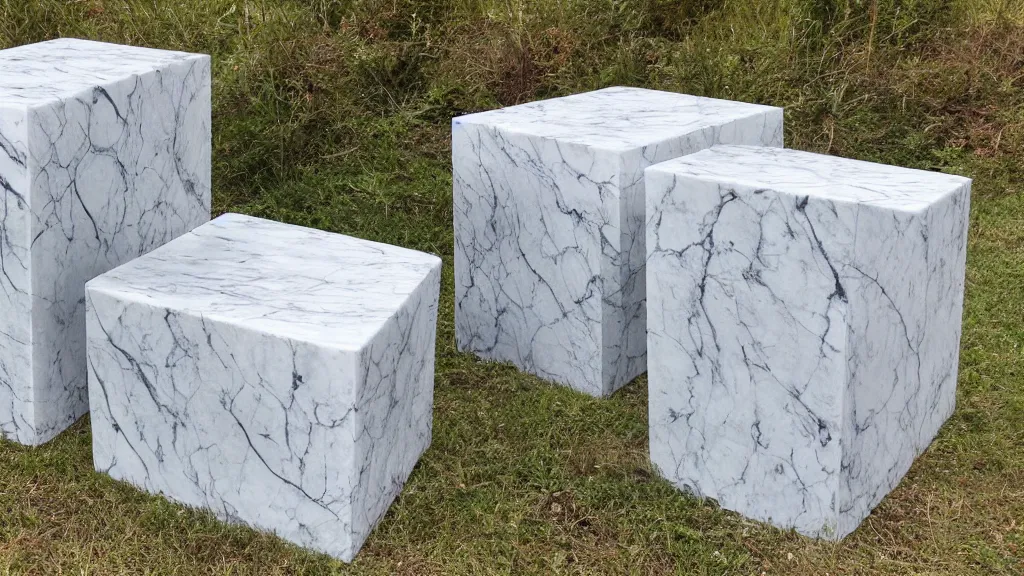 Prompt: marble sculpture cubical pinafore cube ( s ) in nature with roots grabbing it
