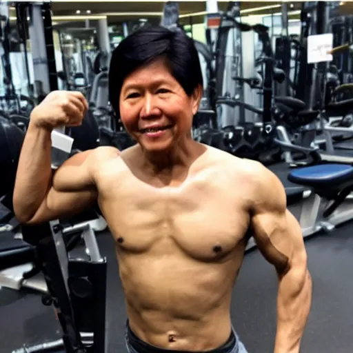 Prompt: A very muscular and lean BongBong Marcos flexing in the gym