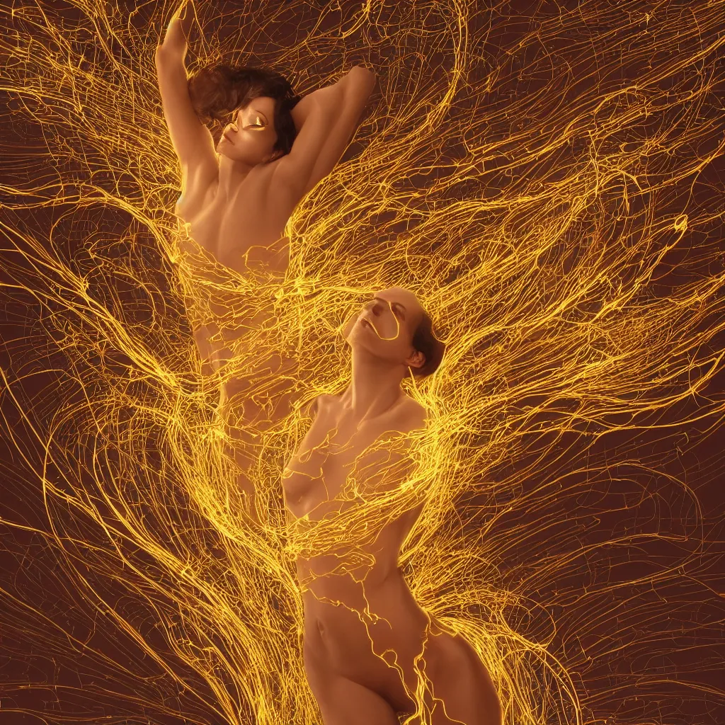 Prompt: radiant human body with thin golden lines, sparks, white cloth, electric wires and electronics, Art Nouveau, Alphonse Mucha, cinematic realistic photo, octane render