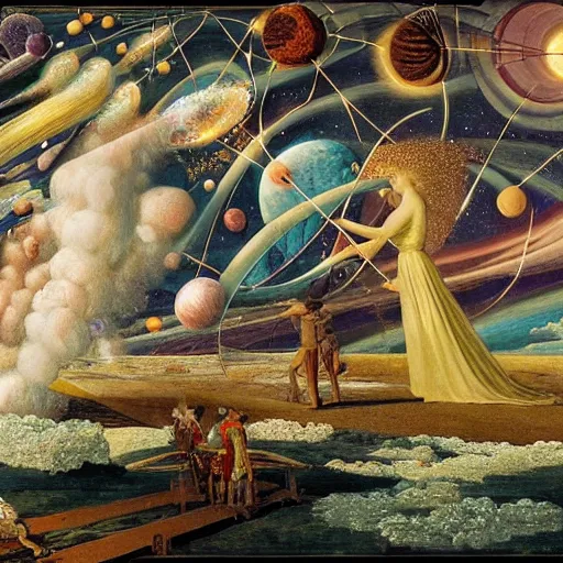 Image similar to solar winds are blowing neutron star controlling all is lost, doomed and tossed, at what cost forever meteors fly around me comets die, and then they and then they, you wanna see how they try to surround me i can say, here today, we shall stay forever, inspired by richard dadd