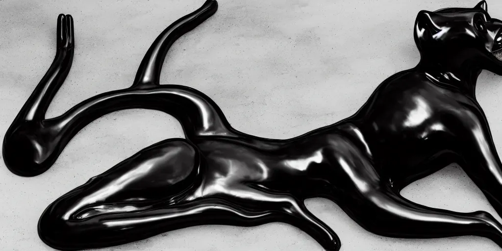 Image similar to a shiny black goo covered panther, panther made of black goo, goo panther, panther made of goo, latex shiny, laying on a tar, covered white couch in a living room, dripping and drooling black goo. digital art, photography, ferrofluid