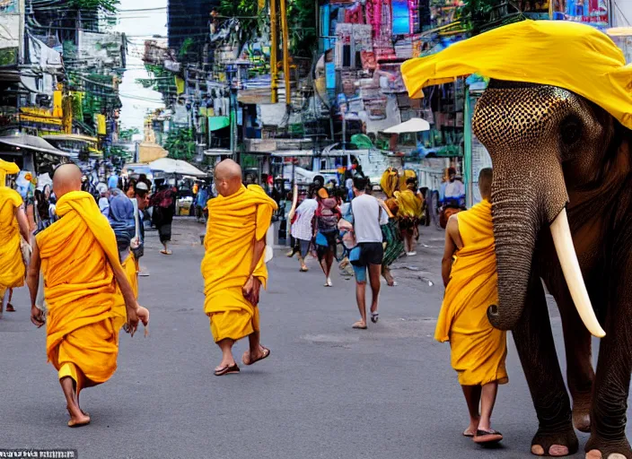 Prompt: In a future Bangkok, yellow-robed monks and elephants walk the streets of a bustling city under the hot sun ,by jamie jones