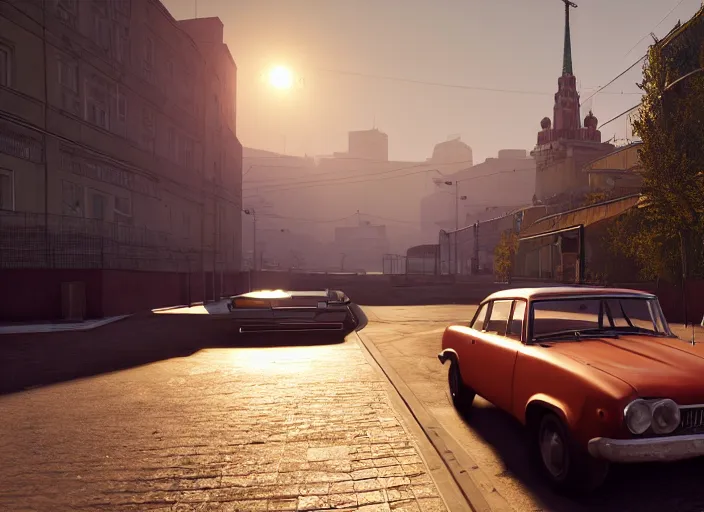 Image similar to hyperrealistic matte painting of gta game in soviet moscow, 1 9 6 0, playstation 5 screenshot, fine details, golden hour, beautiful rtx reflections, soviet suburbs, photorealistic, unreal engine 5, octane render, volumetric light, featured on cg society, 4 k, 5 0 mm bokeh, russian lada car, artstation