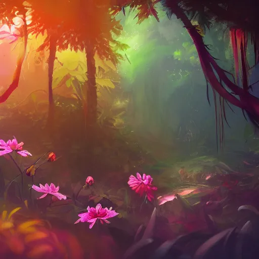 Image similar to hidden flower in dark forest, dense jungle, colorful flower, color palette, painting, mysterious, beautiful, magic the gathering, artstation award