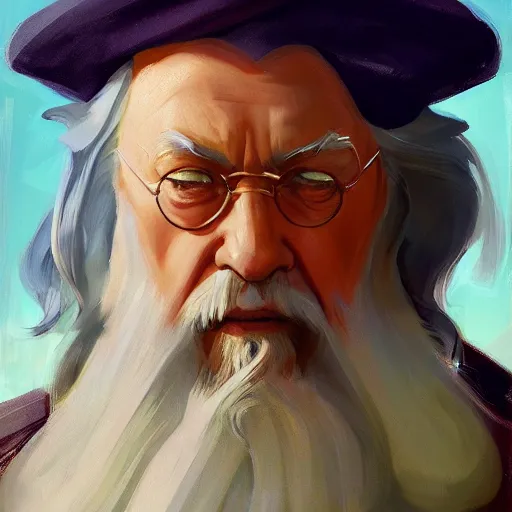 Image similar to greg manchess portrait painting of albus dumbledore as overwatch character, medium shot, asymmetrical, profile picture, organic painting, sunny day, matte painting, bold shapes, hard edges, street art, trending on artstation, by huang guangjian and gil elvgren and sachin teng