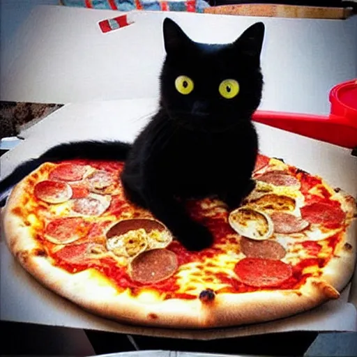 Image similar to “a black cat putting pizza in a pizza oven”